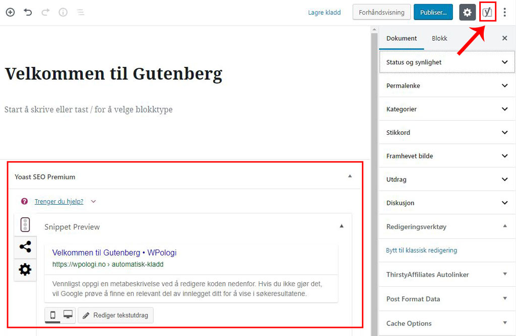 Gutenberg - Yoast SEO integrert i brukergrensesnittet