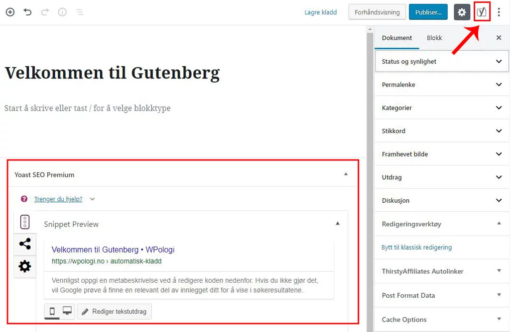 Hvordan bruke den nye editoren Gutenberg 49 Gutenberg - Yoast SEO integrert i brukergrensesnittet