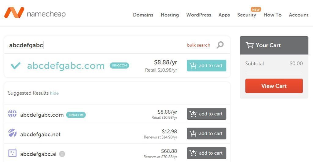 Namecheap - Søk etter domene