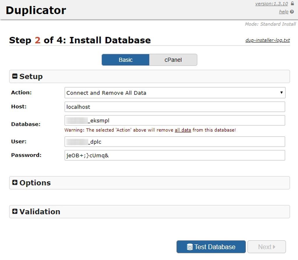 Duplicator - Installer database