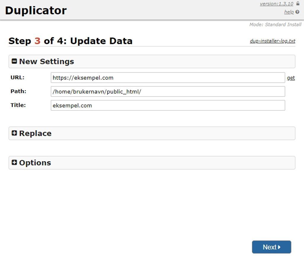 Duplicator - Oppdater detaljer for klonet nettsted