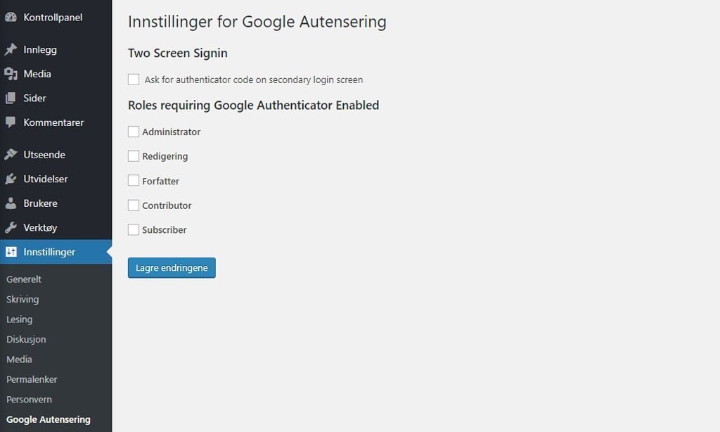 Innstillinger for utvidelsen Google Autentisering