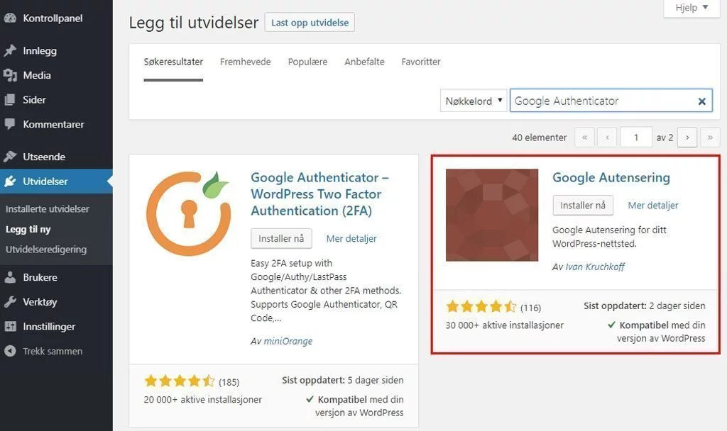 Installer utvidelsen Google Authenticator for 2FA