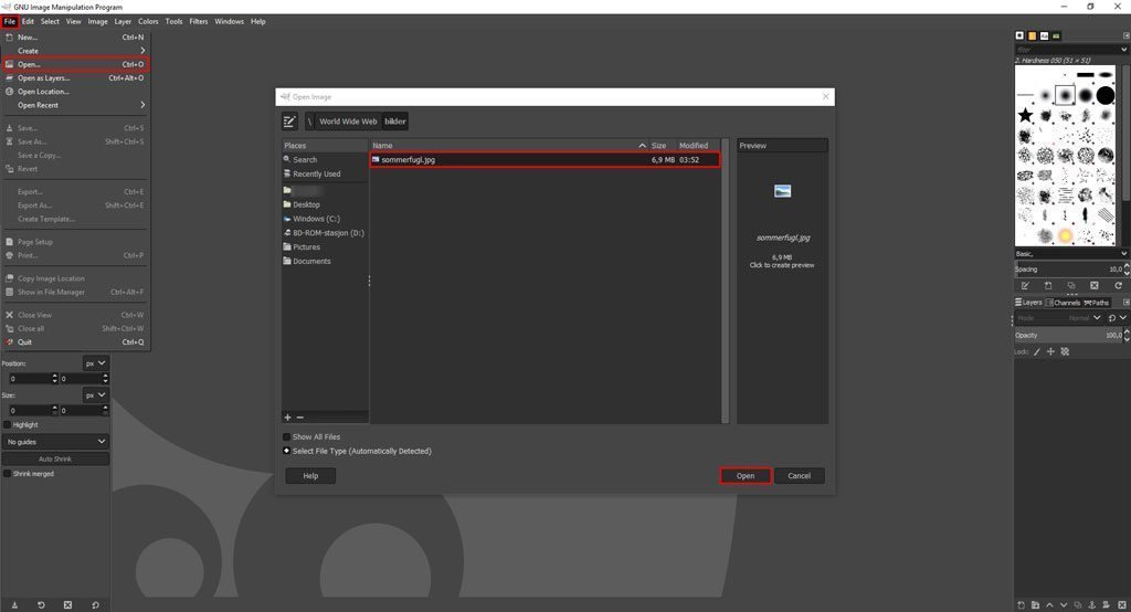 GIMP - Åpne fil