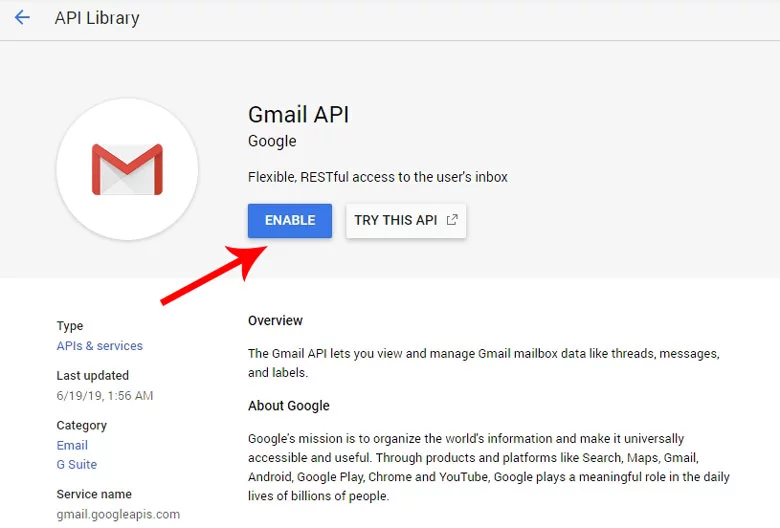 Aktiver Gmail API i utvikler-konsollen