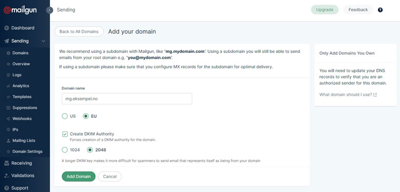 Mailgun - Legg til domene