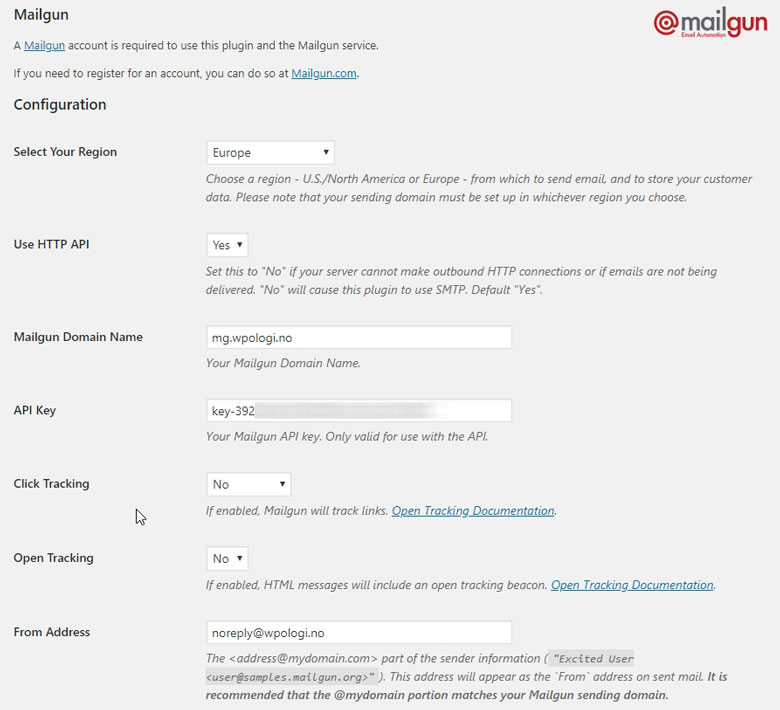 Konfigurasjon av Mailgun for WordPress