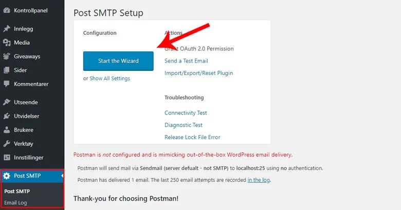 Post SMTP - Start veiviseren