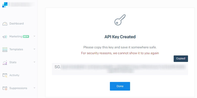 API-nøkkel er opprettet