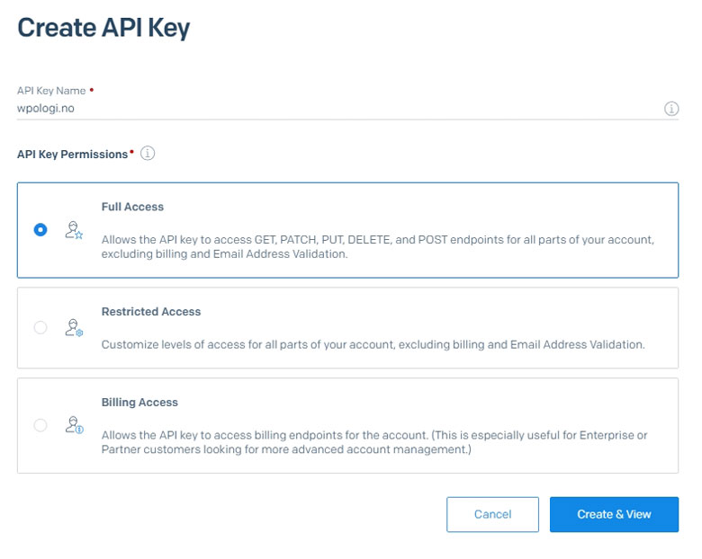 Opprett API-nøkkel med full tilgang