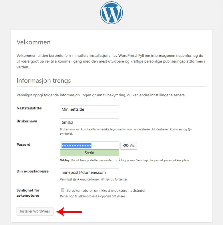 Fullfør WordPress veiviser
