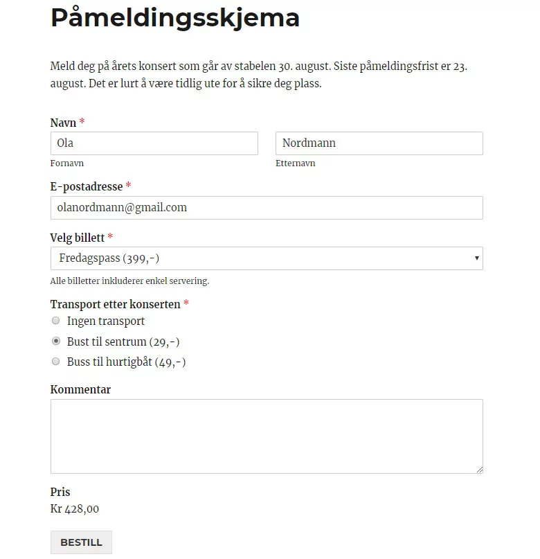 Påmeldingsskjema med betalingsalternativ