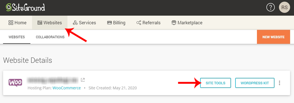 Velg Site Tools for å installere SSL