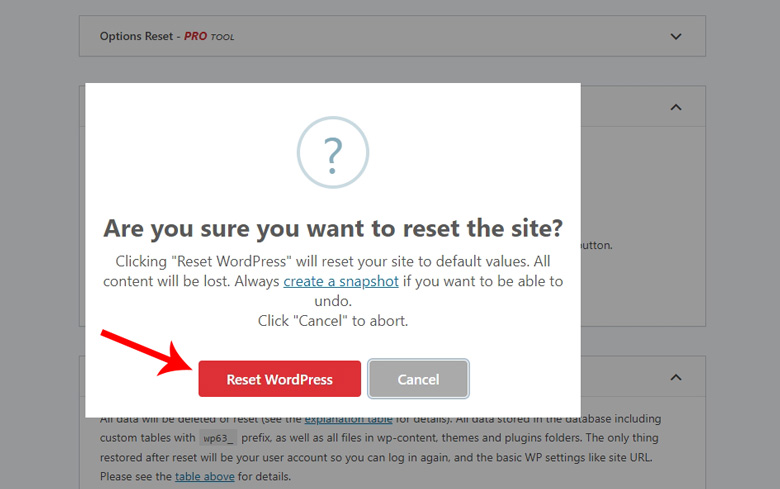 Bekreft at du vil tilbakestille WordPress