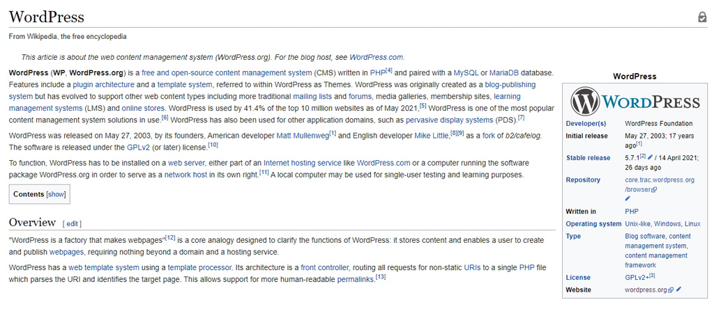 WordPress på WikiPedia