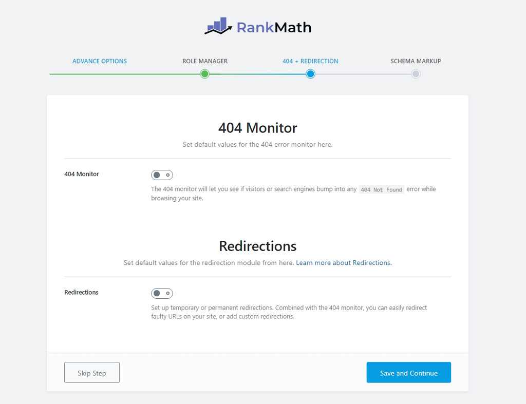 Rank Math har egen modul for 404-feil og omdirigering