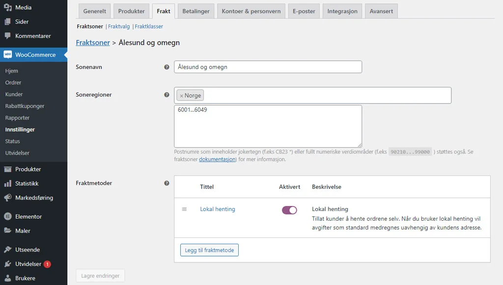 Fraktsone i WooCommerce