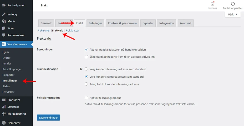 WooCommerce innstillinger for fraktvalg